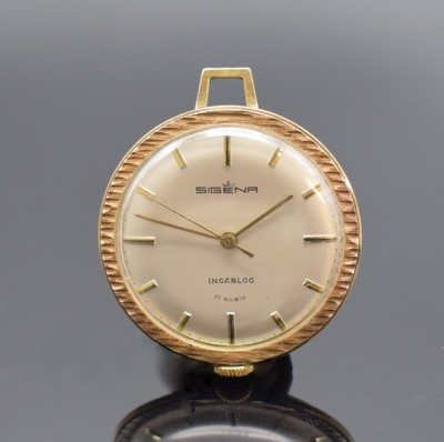 SIGENA Anhängeuhr in GG 585/000, Deutschland um 1965, Handaufzug, 2-teil. Geh., Boden aufgedr., silb. Zifferbl. m. aufges. Std.- Ind., gold. Zeiger, ...
