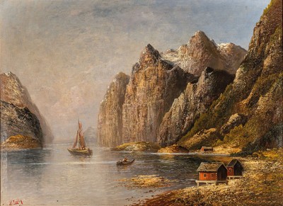 H.Elmblad, um 1900, norwegische Fjordlandschaft mit Booten, Öl/Lwd, li.u. rot signiert, ca. 73 x 100 cm, Prunkrahmen ca.108 x 132 cm, Altersspuren