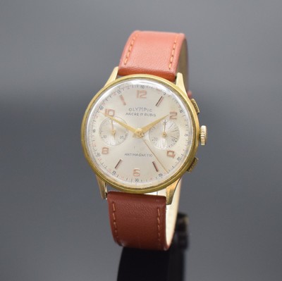 OLYMPIC Armbandchronograph in RoseG 750/000, Handaufzug, Schweiz um 1950, Boden & verg. Glasrand aufgedr./dell., Metallcuv. zur Armierung, silb. ...