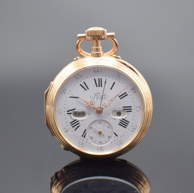 Seltene Kalender-Taschenuhr in RG 750/000, Schweiz / Frankreich um 1890, gestuftes offenes Geh. m. großem Aussenscharnier dell., seitl. ...