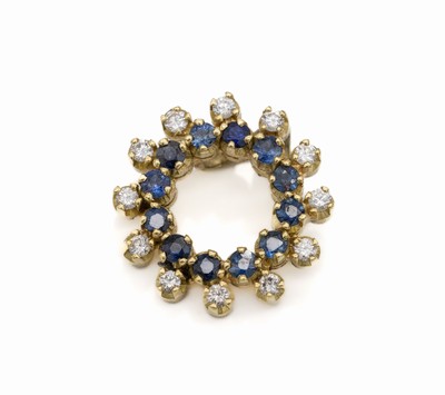 18 kt Gold Brillant-Saphir-Anhänger, GG 750/000, 12 rundfacett. Saphire zus. ca. 0.50 ct, 12 Brillanten zus. ca. 0.36 ct Weiß/ si, D. ca. 1.8 cm, ...