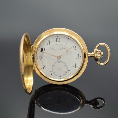 IWC Savonette in RG 585/000 Kaliber 53, Schweiz um 1913, guill. 3-Deckel Goldgeh., Emailzifferbl. m. arab. Std., Goldcuv. m. Widmungsgravur, Werk ...