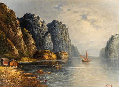 H.Elmblad, um 1900, norwegische Fjordlandschaft mit Fischern, Öl/ Lwd, li.u. rot signiert, ca. 73 x 100 cm, Prunkrahmen ca.108 x 132 cm, Rahmen l. ...