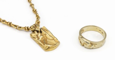 Ausgefallenes 14 kt Gold Schmuck-Set, GG 585/000, best. aus: Collier, L. ca. 45 cm, Federringschließe, und Ring, RW 60, total ca. 38.6 g