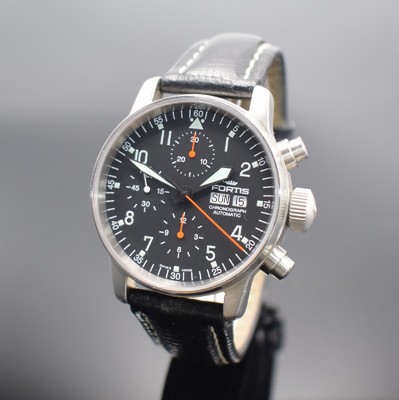 FORTIS Flieger Armbandchronograph in Stahl Referenz 597.11.141, Automatik, Schweiz um 1995, Boden verschr., orig. Lederband m. orig. Dornschl., ...