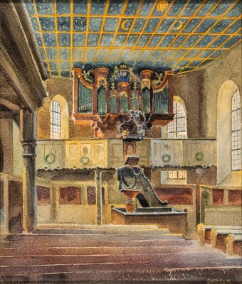 Fritz Dämrich: Die Bergkirche in Bergzabern (1957). Aquarell, Blick auf die Kanzel und die Orgelempore, rechts unten signiert, verso bez., Glas ...