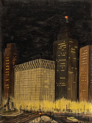 E. Fiedler, Künstler des 20.Jh., nächtlicher Blick auf Downtown Detroit (1965) so verso bez., rechts unten signiert, Öl/Karton, Rahmen, 38x30 cm