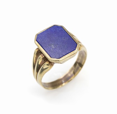 14 kt Gold Lapislazuli-Herrenring, GG 585/000, 8-eckige Lapislazulieinlage, RW 66, ca. 8.5 g