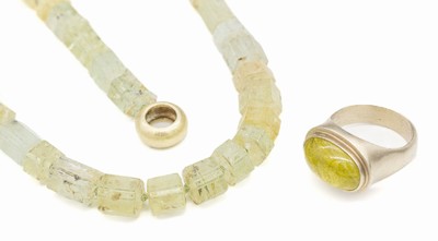 14 kt Gold Farbstein-Konvolut, GG/WG 585/000, best. aus: Goldberyll-Collier, L. ca.47 cm, aus unterschiedlich großen und farbigenfacett. ...