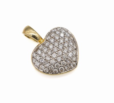18 kt Gold Brillant-Anhänger "Herz", GG 750/000, 50 Brillanten in rhod. Fassung zus. ca. 1.00 ct (grav.) Weiß-l.get.Weiß/si, ca. 2.2 x ...