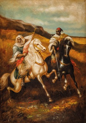 Unbekannter Künstler der Mitte des 20.Jh., heroische arabische Reiterszene, ausgeprägt gleichmäßiges Krakelee, unsigniert, Öl/Lwd, Rahmen, ...