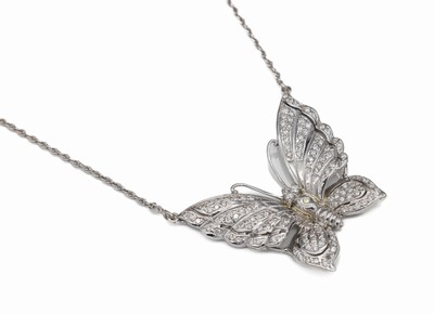 14 kt Gold Brillant-Collier "Schmetterling" , WG 585/000, Brillanten zus. ca. 1.50 ct Weiß-l.get. Weiß/si-p1, L. ca. 49 cm, ...