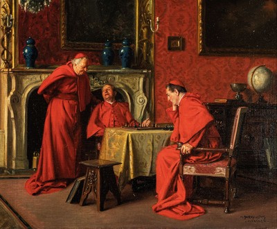 Max Barascudts, 1869 St. Denis - 1927 München, drei Kardinäle beim Schachspiel, detaillereiches Interieur, genaue Schilderung der Räumlichkeiten ...