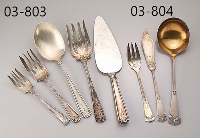 12-tlg. Fischbesteck, 925er Sterling Silber, wohl England/Birmingham, schlichtes geometrisches Design mit Mäander, best. aus: 6Gabeln, 3 ...