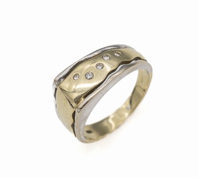 14 kt Gold Brillant-Ring, GG/WG 585/000, abstrakt, 6 kl. Brillanten zus. ca. 0.07 ct (grav.) Weiß/si, RW 57, ca. 6.0 g