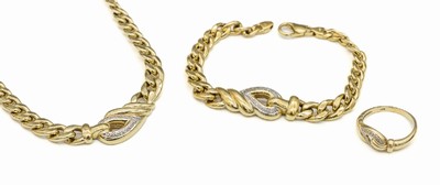 14 kt Gold Diamant-Schmuckset, GG 585/000, best. aus: 1 Ring, RW 60, 1 Armband, L. ca. 18.5 cm, und 1 Collier, L. ca. 43 cm, jeweils ...