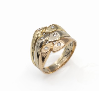 14 kt Gold Brillant-Ring, GG/WG/RG 585/000,6 Brillanten zus. ca. 0.10 ct Weiß/si, RW 55, ca. 4.3 g