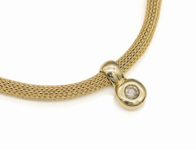14 kt Gold Brillant-Clipanhänger an Strickcollier, GG 585/000, einzelner Brillant ca. 0.40 ct (grav.) light Braun/p, Strickcollier, L. ca. 44 cm, ...