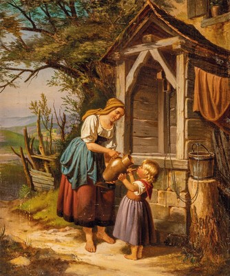 Unbekannter Künstler der 2. Hälfte des 19. Jh., Mutter und Kind am Brunnen, Öl/Lwd, doubliert, feine differenzierte Malerei mit großer Varianz in ...
