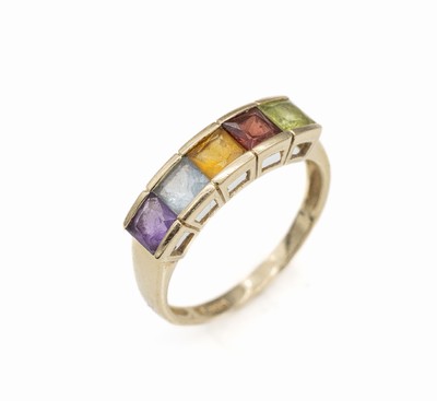 14 kt Gold Farbstein-Ring, GG 585/000, 5 Farbstein-Carrees, Amethyst, Topas, Citrin, Granat und Peridot zus. ca. 1.20 ct, RW 56, ca. 2.7 g