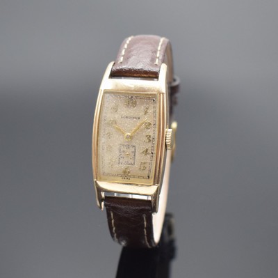LONGINES tonneauförmige, 10k Gold filled Armbanduhr, Schweiz/USA um 1937, Handaufzug, 2-teil. Geh., Boden aufgedr., silb. Zifferbl. altersbed. ...