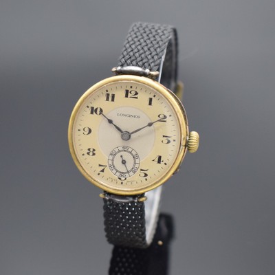 LONGINES frühe Herrenarmbanduhr, Handaufzug, Schweiz um 1914, brüniertes Geh., Scharnierboden altersbed. oxidiert/rost., Cuv. m. Schriftzug ...