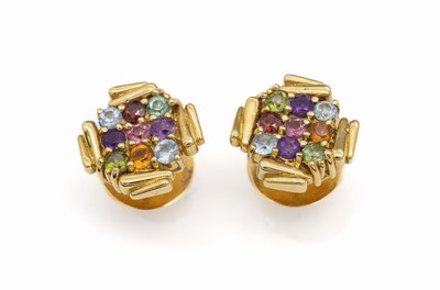 Paar 18 kt Gold Farbstein-Ohrstecker, GG 750/000, abstrakte Gestaltung, insg. 18 rundfacett. Farbsteine, u.a. Amethyst, Aquamarin, Citrin zus. ca. ...