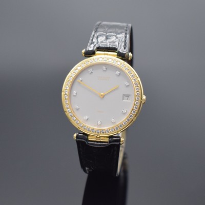 VAN CLEEF & ARPELS feine Armbanduhr in GG 750/000, Frankreich / Schweiz um 1990, quarz, 2-teil. Geh. inkl. orig. Lederband m. dopp. Faltschl., Boden ...