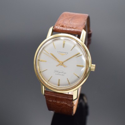 LONGINES Flagship Herrenarmbanduhr mit Goldhaube Referenz 3108-3, Schweiz um 1961, Automatik, Boden m. zentraler Plakette verschr., silb. Zifferblatt ...