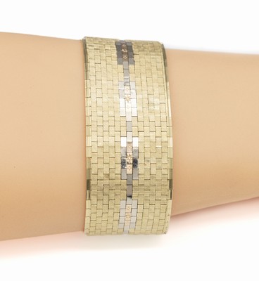14 kt Gold Armband, GG/WG/RG 585/000, L. ca. 19 cm, B. ca. 2.8 cm, Kastenschloss mit 2 Sicherheitsachten, ca. 83.8 g