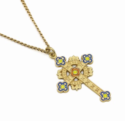 18 kt Gold Email-Kreuzanhänger, GG 750/000, keltisches Kreuz verz. mit Email in grün, blau und orange, ca. 4.6 cm x 3.1 cm, anKette GG 750/000, L. ...