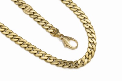 18 kt Gold Flachpanzerkette, GG 750/000, ca. 84.3 g, L. ca. 60 cm, Karabinerschließe