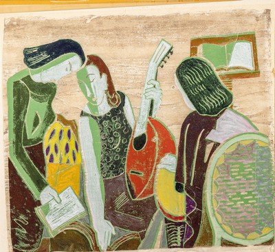 Rolf Müller-Landau, 1903 Kayingchow-1956 Bad Bergzabern, Saitenspiel, Monotypie, rechts unten signiert, ca. 45x52cm, PP, u.Gl., R. ca.70x73cm, unter ...