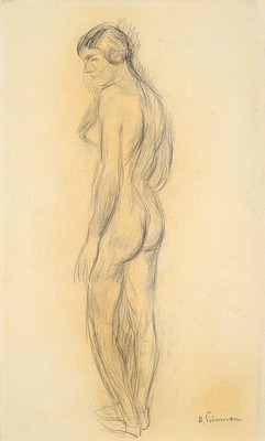 Hans Purrmann, 1880 Speyer - 1966 Basel, Bleistiftzeichnung, stehender weiblicher Akt, Profil nach links, 1924/26 in Rom, rechtsunten handsigniert, ...