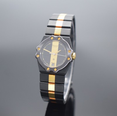 CHOPARD St. Moritz Damenarmbanduhr Referenz 8026, Geh. wie Gliederband m. dopp. Faltschl. geschwärzt, Mittelteile des Bandes in Gold, Lünette gegen ...