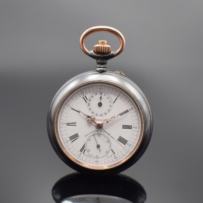 RELIANCE WATCH CO Taschenchronograph im brünierten Stahlgehäuse, Schweiz um 1910, brüniertes Geh. in selten gutem Zustand, Emailzifferbl. m. röm. ...