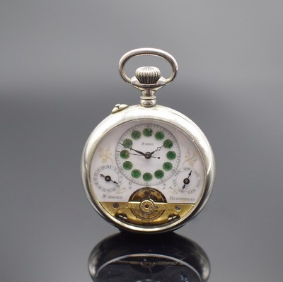 HEBDOMAS 8-Tage Taschenuhr mit Tag, Datum & Zentralsekunde, Schweiz um 1910, Nickelgeh., rücks. Landschafts-Grav., 3/4-Emailzifferbl. m. transluzid ...