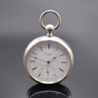 PAUL BRETON Geneve große offene Taschenuhr in Silber, Schweiz um 1870, Schlüsselaufzug, glattes Geh., gold. Scharniere, Emailzifferbl. m. röm. ...