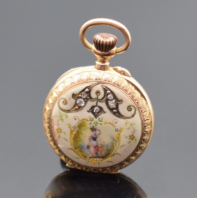 Sehr kleine Email-Taschenuhr in RG 750/000, Schweiz / Frankreich um 1900, offenes 2- Deckel Goldgeh., grav. Ränder, rücks. Diamant-bes. Emailbild ...
