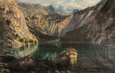 R. Tietzen (1890), Künstler des ausgehenden 19.Jh., qualitätvolles Alpenpanorama, wohl Königssee mit zwei rudernden Trachtenträgern, rechts unten ...