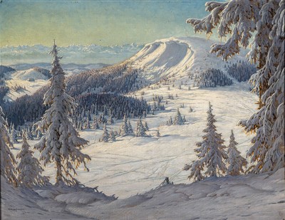 Karl Hauptmann, 1880 Freiburg im Breisgau-1947 Todtnau, verschneite Landschaft im Schwarzwald, Öl/Lwd, besonders gelungene Tiefenwirkung, die kalte ...