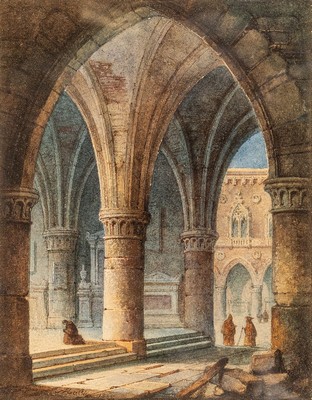 Auguste Mathieu, 1810-1864, Mönche im Innenhof eines Klosters, Aquarell auf Papier, links unten signiert und dat. 1835, ca. 18x15 cm, u.Gl., R. ca. ...