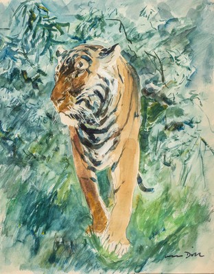 Otto Dill, 1884 Neustadt-1957 Bad Dürkheim, schreitender Tiger, auf den Betrachter zugehend, Aquarell auf Papier, rechts unten signiert, ca. ...