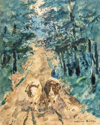 Otto Dill, 1884 Neustadt-1957 Bad Dürkheim, Bauer mit zwei Ochsen, einen Hohlweg entlang kommend, Aquarell, rechts unten signiert, ca.47x38cm, PP, ...