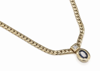 14 kt Gold Saphir-Diamant-Collier, GG 585/000, ovalfacett. Saphir ca. 1.80 ct, 1 Brillant ca. 0.08 ct Weiß/si, L. ca. 42.5 cm Karabinerschließe, ...