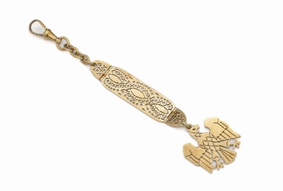 14 kt Gold Schlüsselanhänger, GG 585/000, durchbrochen gearbeitet, bewegl. abgehängter Adler, L. ca. 11.5 cm, ca. 15.4 g