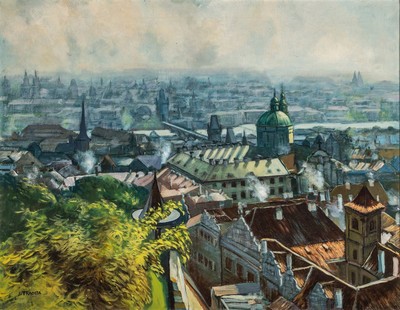 J. Trachta, Tschechischer Künstler des 20. Jh., Blick über die Dächer von Prag, Öl/Lwd, links unten signiert, ca. 70x90cm, R. ca. 78x98cm