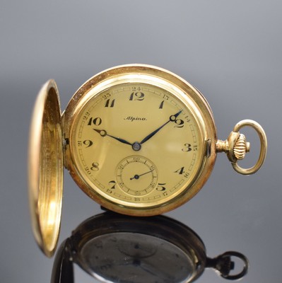ALPINA Savonette in GG 585/000 mit Kaliber 410, Schweiz um 1920, 3-Deckel Goldgeh., Sprungdeckel m. Monogramm, Metallzifferbl. mit arab. Zahlen, ...