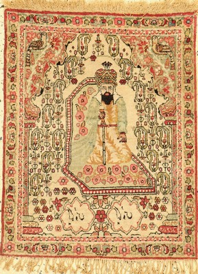 Antiker Kerman, Persien, König Kaikawus, um1910/1920, Wolle auf Baumwolle, ca. 80 x 65 cm, EHZ: 1-2