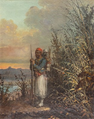 Unbekannter Künstler, wohl Frankreich, um 1870-80, Ganzporträt eines Zuaven, Wache haltend, Öl/Lwd, unsigniert, 36.5x29cm, R. ca. 51x43cm